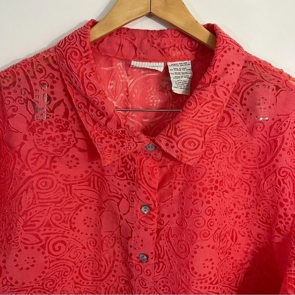 White Stag Pink Button Up Blouse Plus Size 26W 28W Sheer Burnout Floral Swirls - Picture 5 of 7